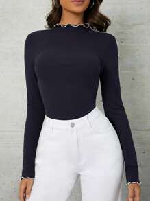 Modelyn Áo thun nữ Xù nhỏ Gân đan màu trơn Giải trí - Màu xanh hải quân - Xem 3