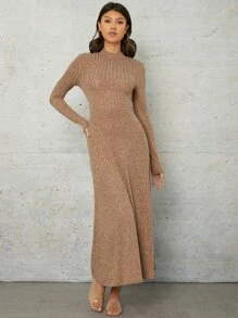 Mulvari Marled Knit Mock Neck Dress - Mocha Brown - View 3