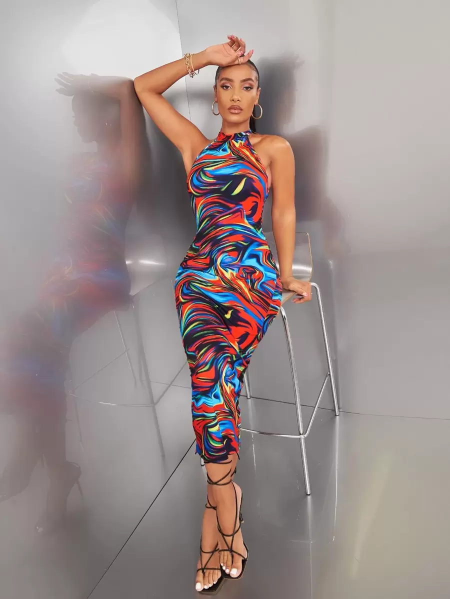 SHEIN BAE Vestido ajustado con estampado de mármol de espalda abierta con cordón halter - Multicolor - Ver 1