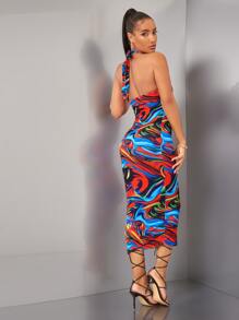 SHEIN BAE Vestido ajustado con estampado de mármol de espalda abierta con cordón halter - Multicolor - Ver 2