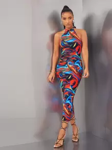 SHEIN BAE Vestido ajustado con estampado de mármol de espalda abierta con cordón halter - Multicolor - Ver 4