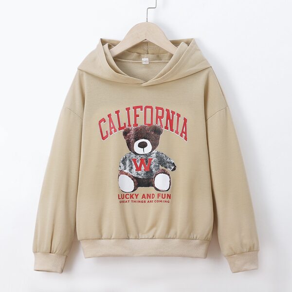 

Girls Bear And Slogan Graphic Drop Shoulder Hoodie, Khaki