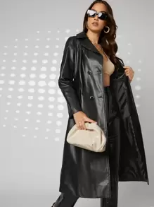 Áo khoác ngoài nữ Thắt lưng Nút đôi Túi màu trơn Hấp dẫn - màu đen - Xem 1