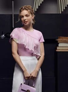 Fatema Nasser Ruffle Trim Round Neck Tee - Lilac Purple - View 3