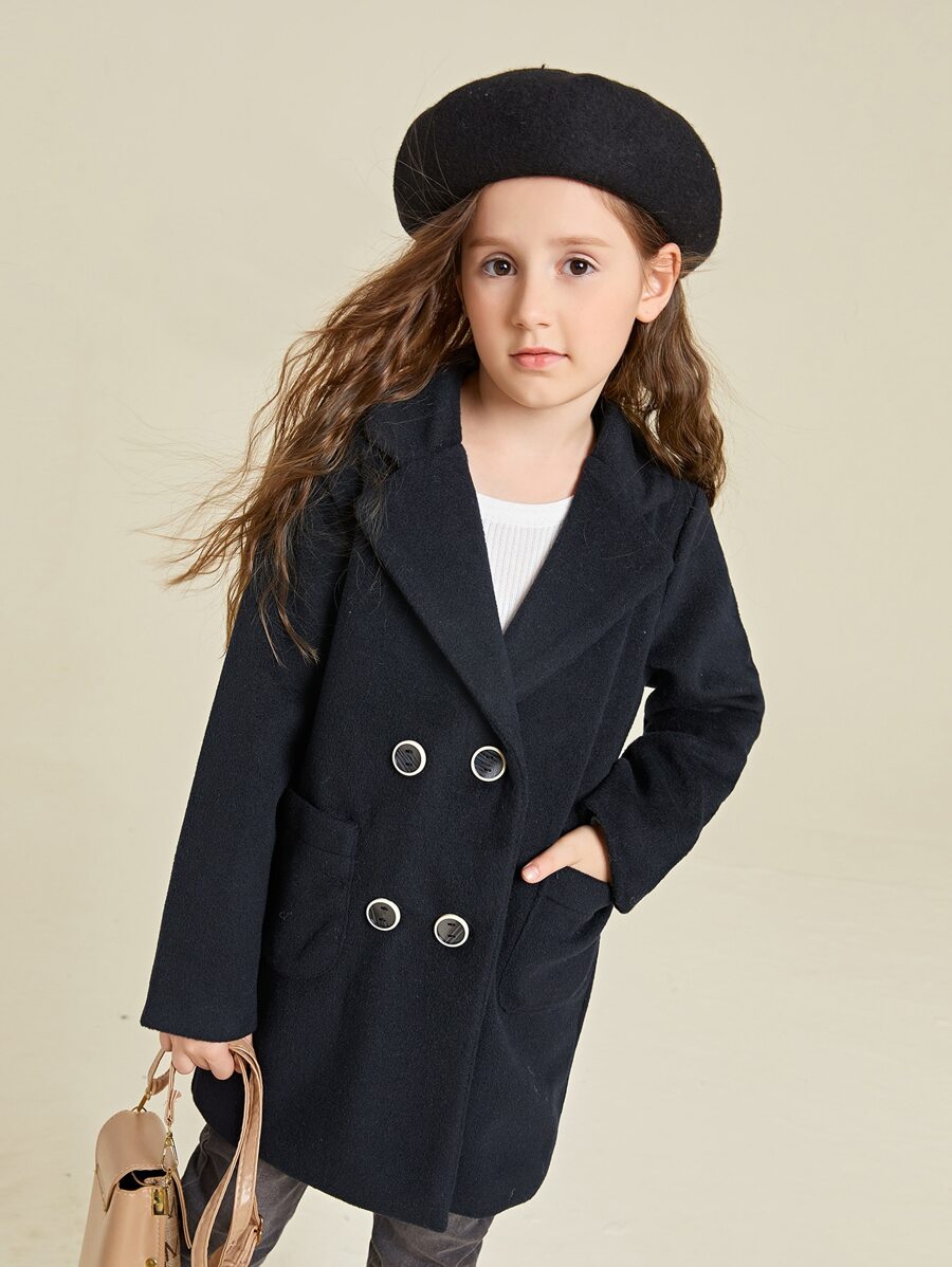 SHEIN Girls Double Breasted Pocket Patched Overcoat - Black - View 1