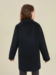 SHEIN Girls Double Breasted Pocket Patched Overcoat - Black - View 2