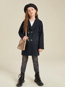SHEIN Girls Double Breasted Pocket Patched Overcoat - Black - View 3