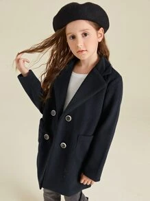 SHEIN Girls Double Breasted Pocket Patched Overcoat - Black - View 4