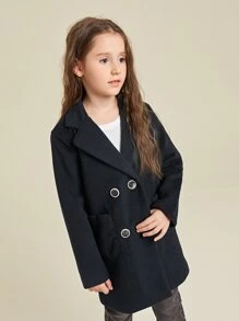 SHEIN Girls Double Breasted Pocket Patched Overcoat - Black - View 5