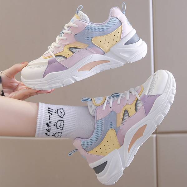 

Colorblock Lace-up Front Chunky Sneakers, Purple