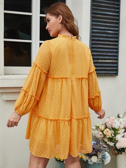 Plus Swiss Dot Frill Trim Lantern Sleeve Smock Dress
