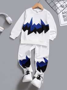 SHEIN Toddler Boys Geo Print Pullover & Joggers - White - View 1