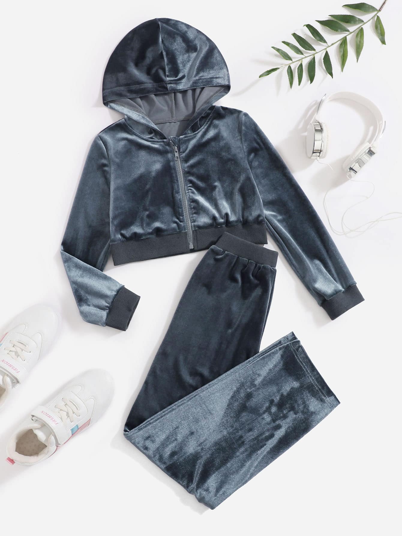 Girls Zipper Velvet Hoodie & Joggers - Dark Grey - View 1