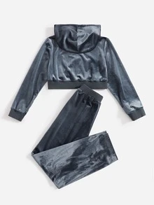 Girls Zipper Velvet Hoodie & Joggers - Dark Grey - View 2