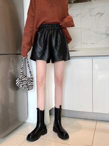 PU皮革闊腿短褲