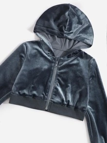 Girls Zipper Velvet Hoodie & Joggers - Dark Grey - View 4