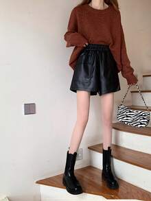 PU皮革闊腿短褲