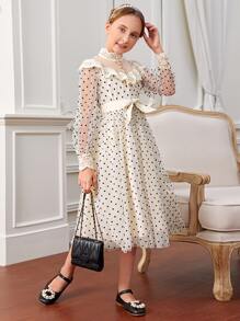 SHEIN Girls Dobby Mesh Lace Ruffle Trim Belted Dress - Beige - View 2