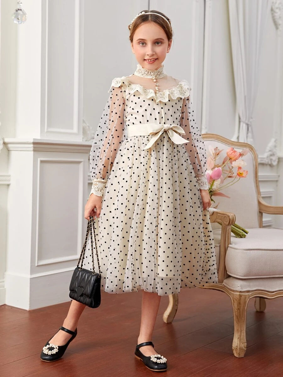 SHEIN Girls Dobby Mesh Lace Ruffle Trim Belted Dress - Beige - View 1