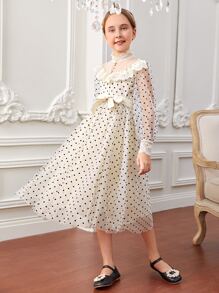 SHEIN Girls Dobby Mesh Lace Ruffle Trim Belted Dress - Beige - View 5