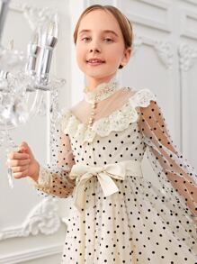 SHEIN Girls Dobby Mesh Lace Ruffle Trim Belted Dress - Beige - View 6