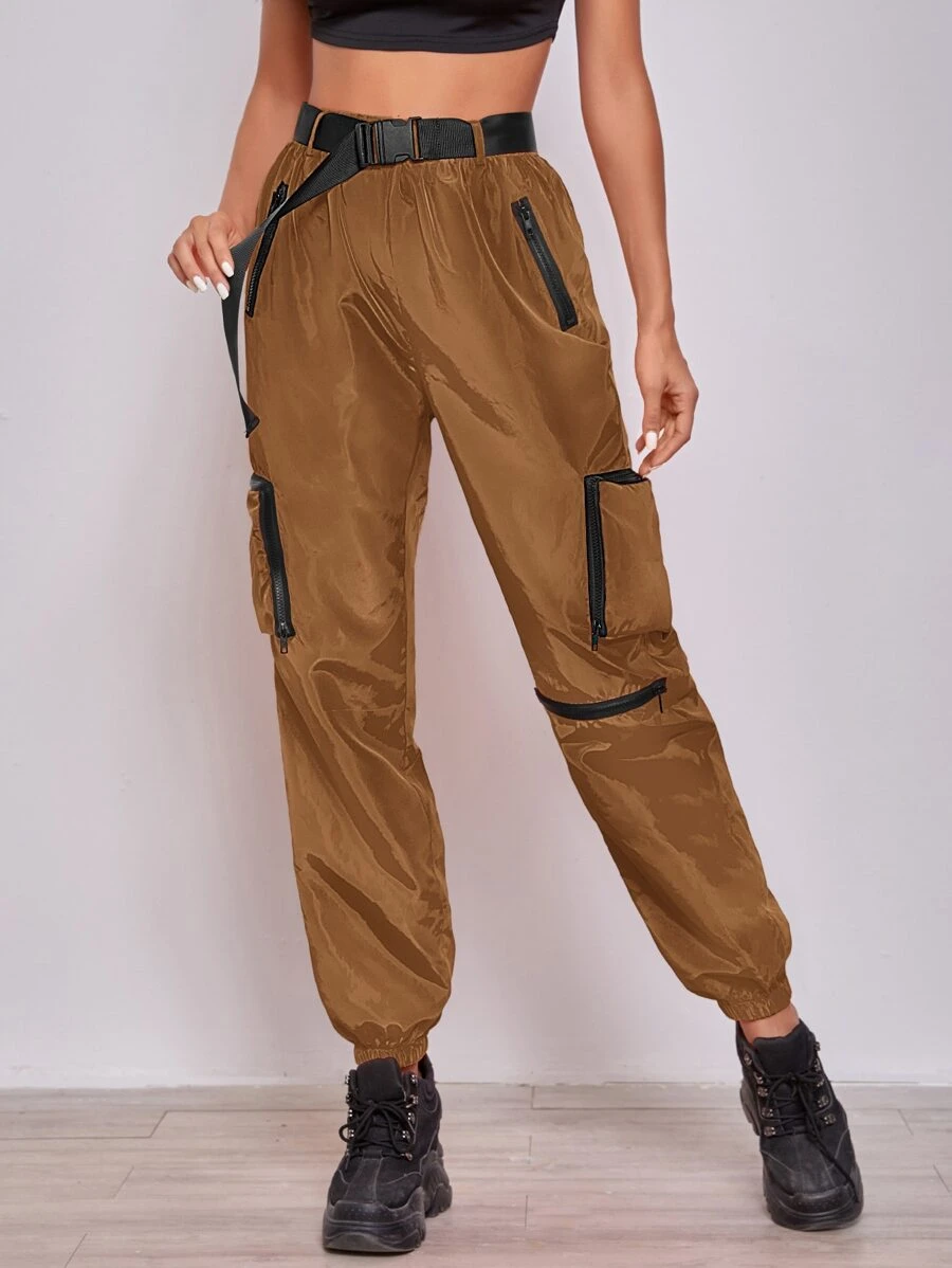 SHEIN Coolane Neon Orange Zipper Patch Pocket Push Buckle Belted Wind Joggers - Coffee Brown - View 1