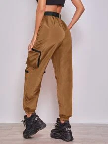 SHEIN Coolane Neon Orange Zipper Patch Pocket Push Buckle Belted Wind Joggers - Coffee Brown - View 2