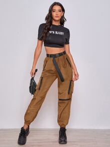 SHEIN Coolane Neon Orange Zipper Patch Pocket Push Buckle Belted Wind Joggers - Coffee Brown - View 3
