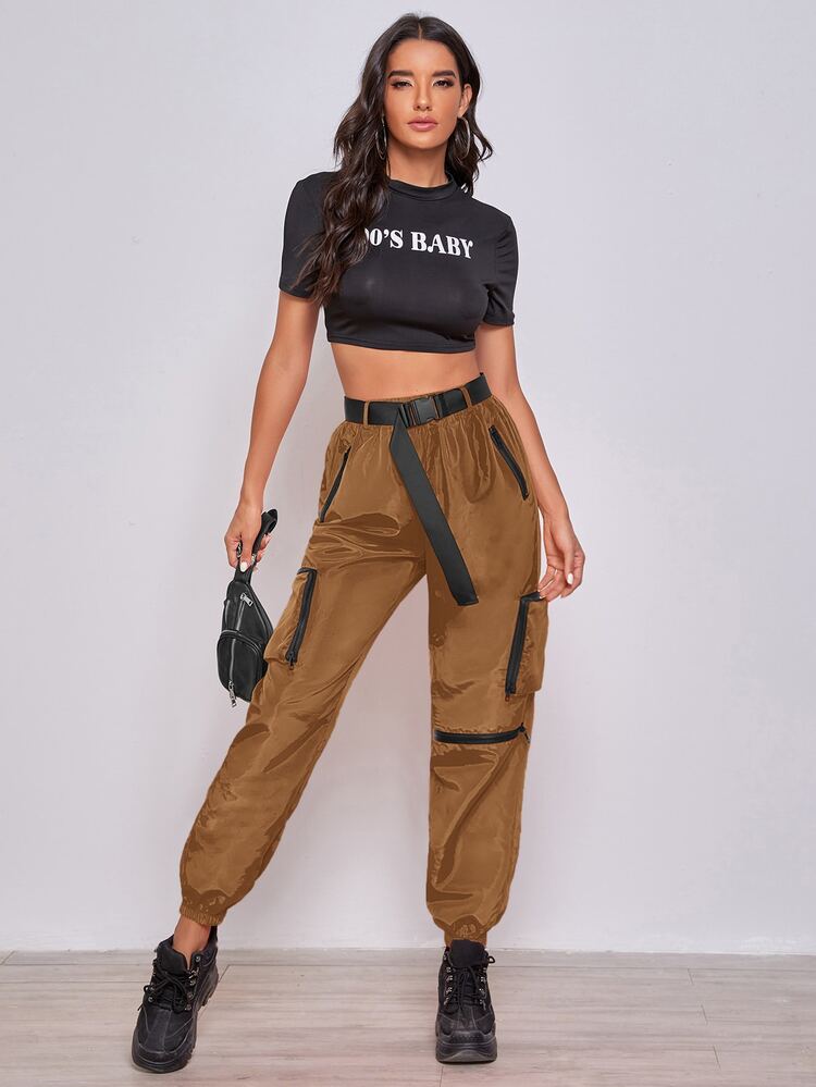 SHEIN Coolane Joggers arancio neon zip tasca applicata con fibbia con Cintura - Caffè Marrone - Visualizzare 3