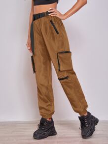 SHEIN Coolane Neon Orange Zipper Patch Pocket Push Buckle Belted Wind Joggers - Coffee Brown - View 4