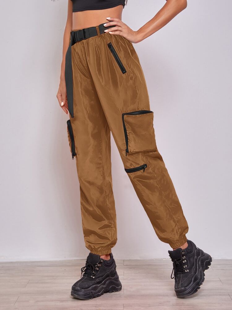 SHEIN Coolane Joggers arancio neon zip tasca applicata con fibbia con Cintura - Caffè Marrone - Visualizzare 4