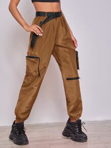 SHEIN Coolane Neon Orange Zipper Patch Pocket Push Buckle Belted Wind Joggers - Coffee Brown - View 5