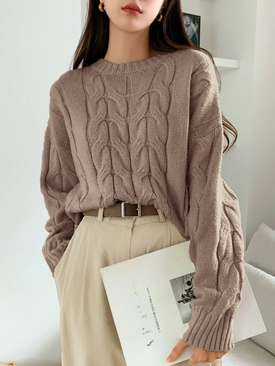 DAZY Solid Cable Knit Drop Shoulder Jumper - Mocha Brown - View 1