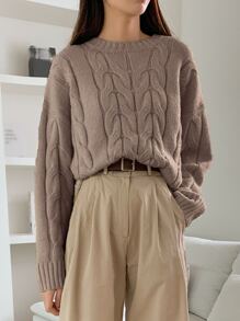 DAZY Solid Cable Knit Drop Shoulder Jumper - Mocha Brown - View 3