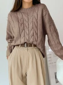 DAZY Solid Cable Knit Drop Shoulder Jumper - Mocha Brown - View 4