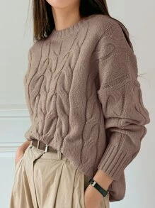 DAZY Solid Cable Knit Drop Shoulder Jumper - Mocha Brown - View 5