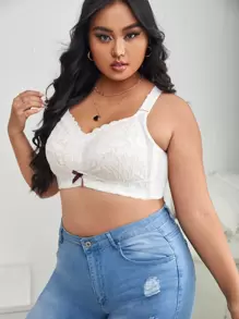 Plus Contrast Lace Bow Decor Bra - White - View 1