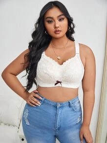 Plus Contrast Lace Bow Decor Bra - White - View 3