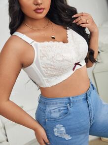 Plus Contrast Lace Bow Decor Bra - White - View 4