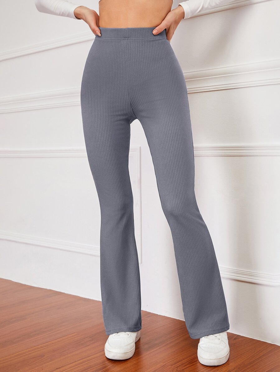 SHEIN EZwear Pantalones acampanados de talle alto tejido de canalé - Gris - Ver 1