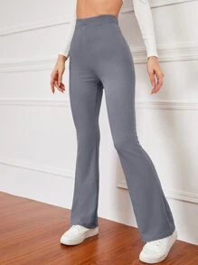 SHEIN EZwear Pantalones acampanados de talle alto tejido de canalé - Gris - Ver 4