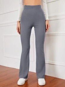 SHEIN EZwear Pantalones acampanados de talle alto tejido de canalé - Gris - Ver 5