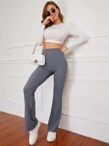 SHEIN EZwear Pantalones acampanados de talle alto tejido de canalé - Gris - Ver 6