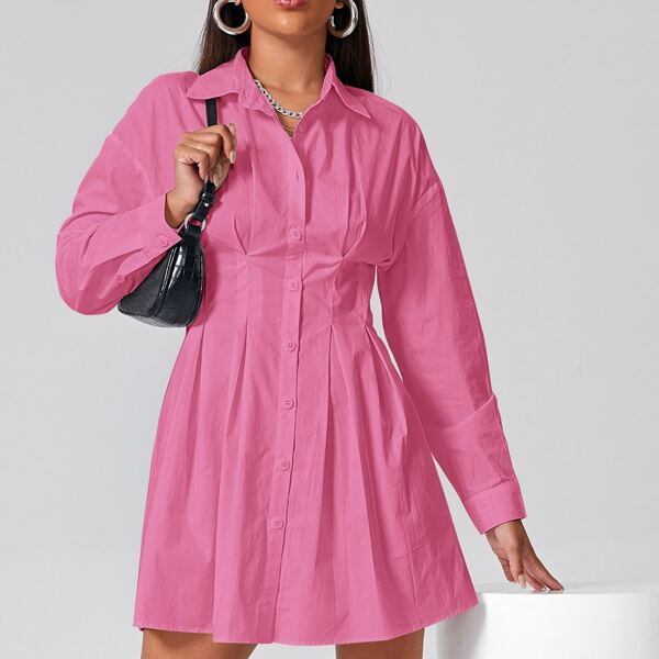 

Single Breasted Fold Pleated Shirt Dress, Hot pink