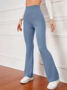 INAWLY Pantalones acampanados de talle alto tejido de canalé - Neblina azul - Ver 1