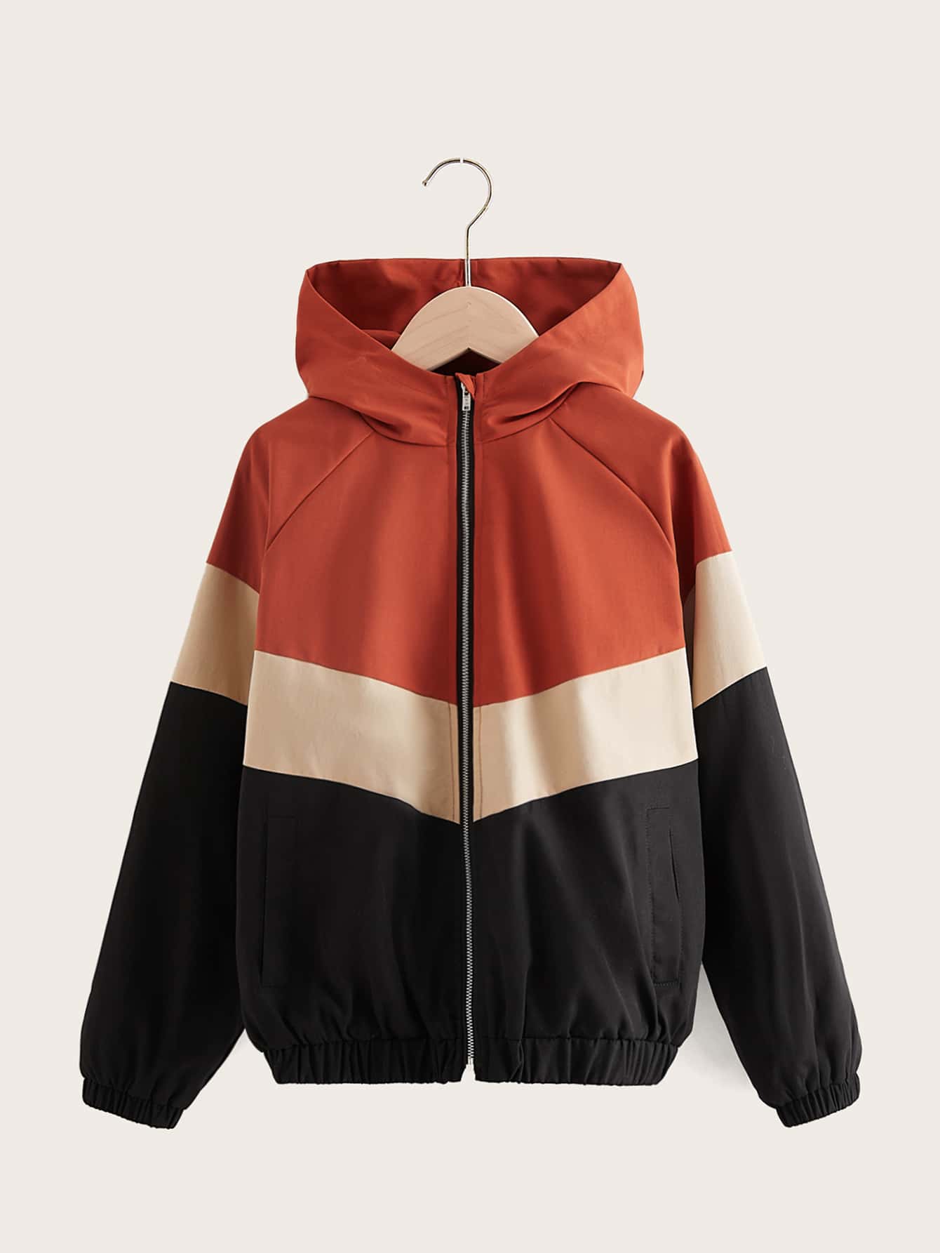 SHEIN 女孩撞色插肩袖拉鍊連帽夾克 - 彩色 - 查看 1