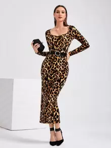 Modelyn Vestido con estampado de leopardo con abertura trasera sin cinturón - Multicolor - Ver 1