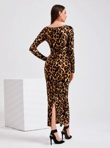 Modelyn Vestido con estampado de leopardo con abertura trasera sin cinturón - Multicolor - Ver 2