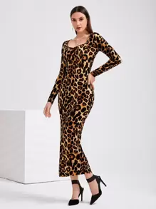 Modelyn Vestido con estampado de leopardo con abertura trasera sin cinturón - Multicolor - Ver 3