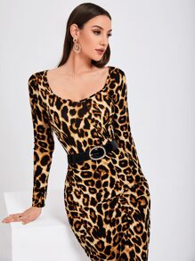 Modelyn Vestido con estampado de leopardo con abertura trasera sin cinturón - Multicolor - Ver 4